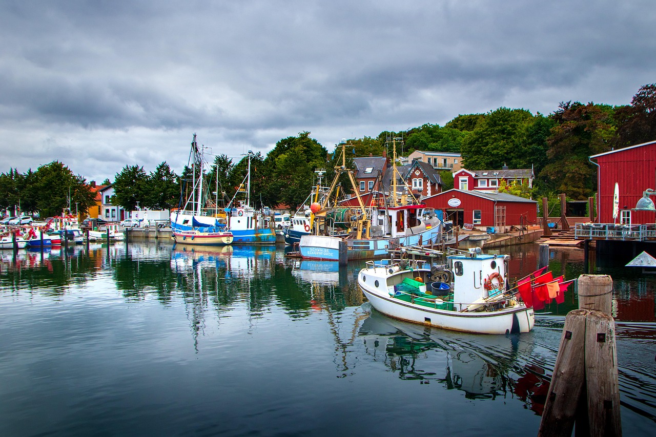 sea, harbor, boats, port, overcast, cloudy day, beach, baltic sea, cliff, landscape, nature, eckernforde